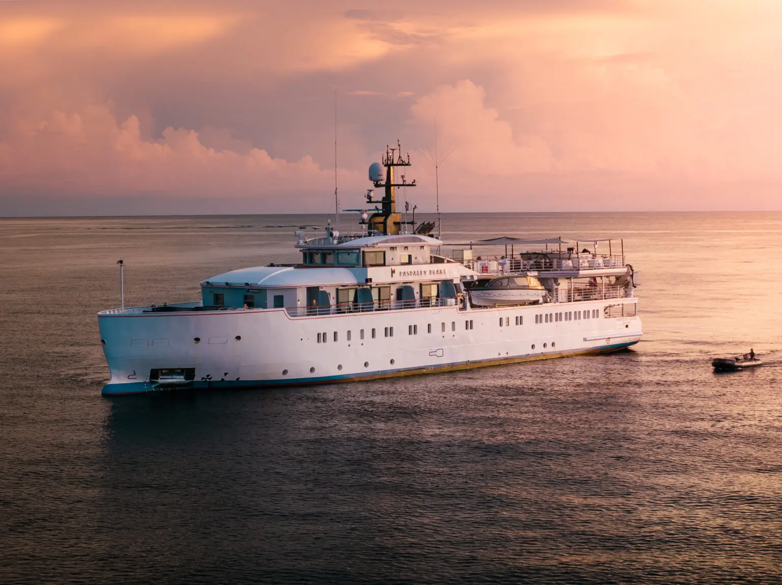 The Paspaley Pearl at anchor. Thirty guests, fifteen cabins, dynamic positioning.© Pearl Expeditions